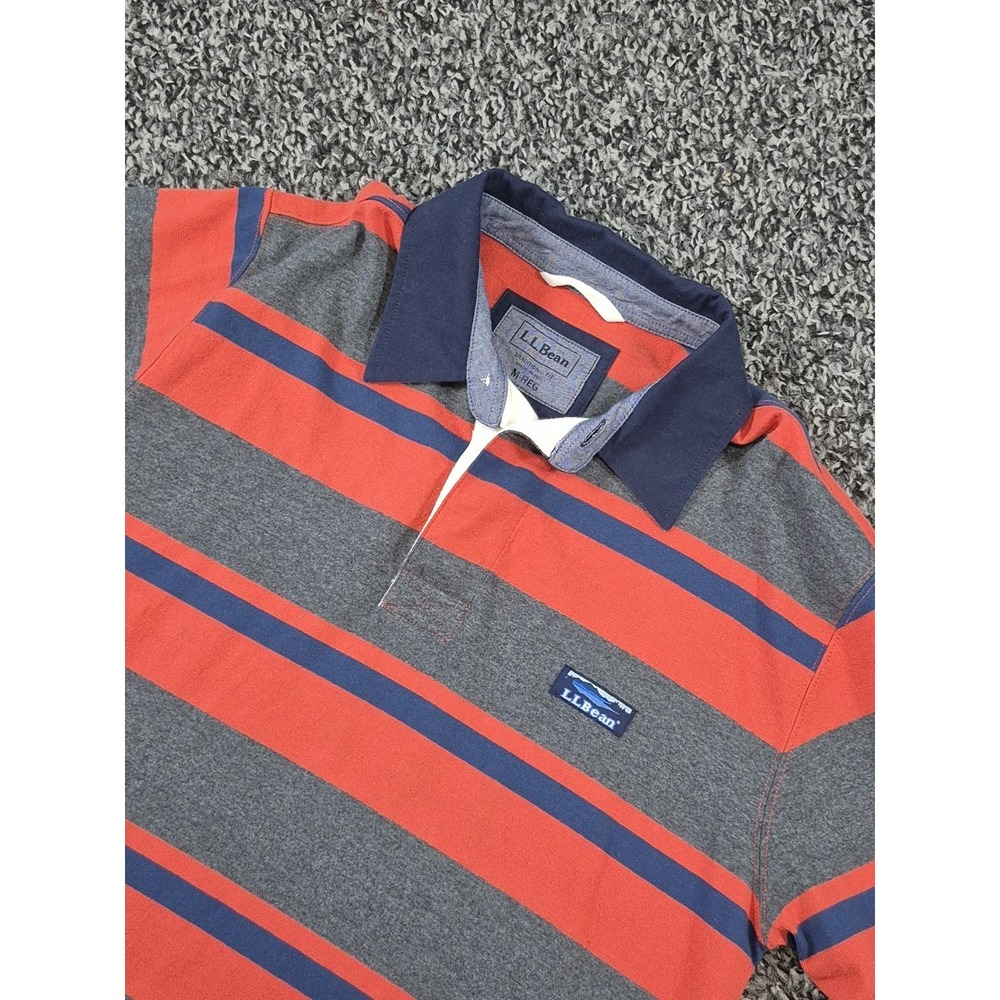 Vintage LL Bean Shirt Mens Medium Orange Gray Rugby‎ Striped Polo Cotton 90s
